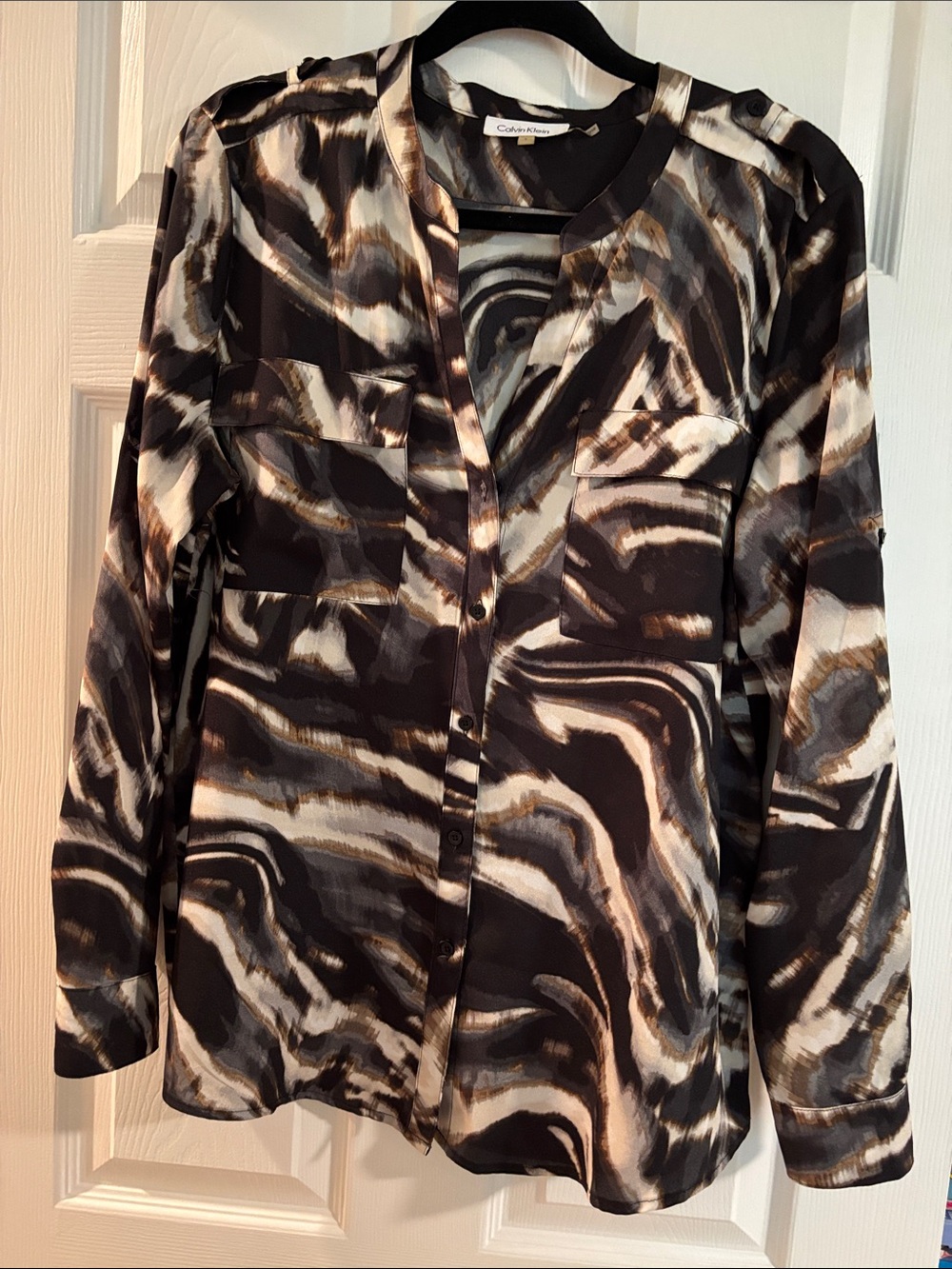 Calvin Klein Black, Brown & Cream Marble-Print Button-Down Blouse